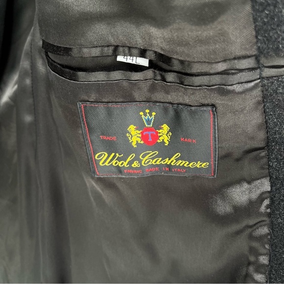 Italian Men’s Wool And Cashmere Overcoat Size 44L Black Dress Pea Coat - Picture 2 of 16